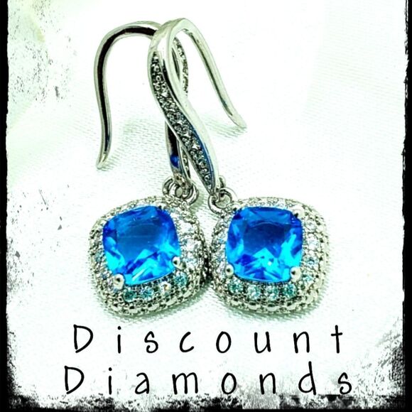 4 Ct Blue Sapphire Baguette White Diamond Earrings 14K White Gold on 925 Silver - Picture 2 of 4